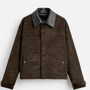 Zara Mens Jacket Coat Medium M Green Brown Leather Collar 5388/402 NWT